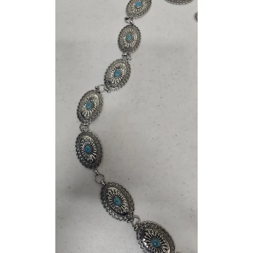 Beltiscool Women's Western Oval Turquoise Stone Concho Chain Belt